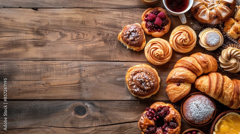 Variety of pastries on wooden table with space for text Overhead view Variety of pastries on wooden table with space for text Overhead view