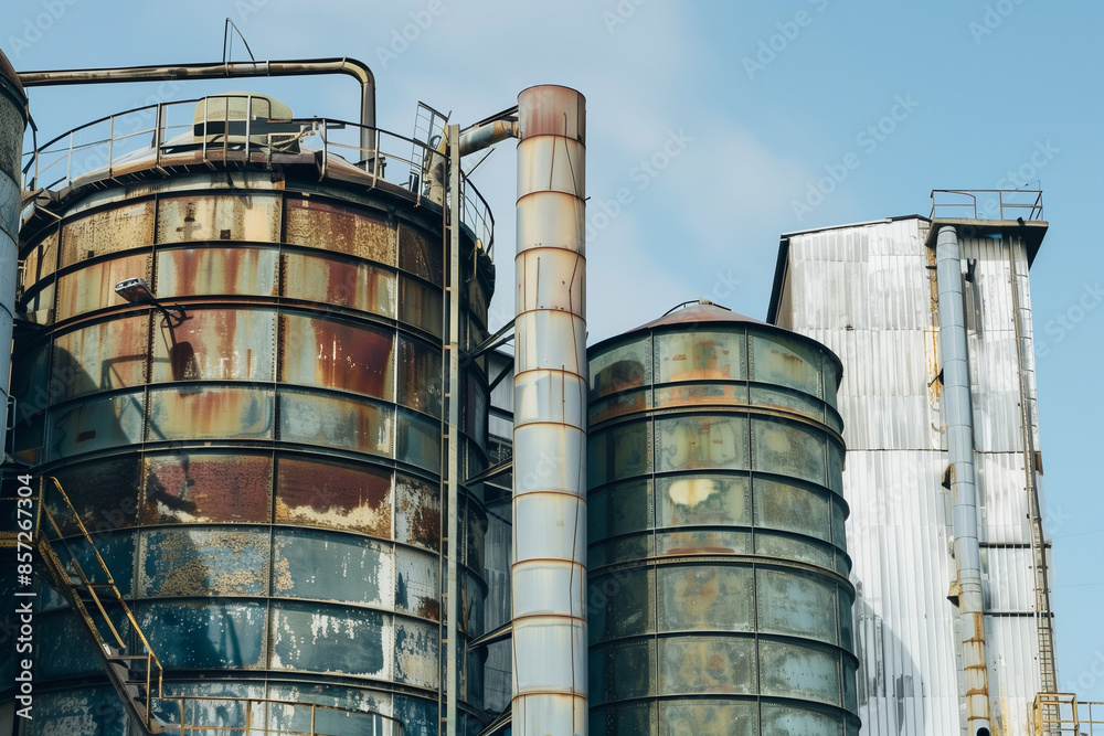 Factory chimneys and silos emitting smoke, representing industrial production and its environmental impact. Industrial landscape Factory chimneys and silos emitting smoke, representing industrial production and its environmental impact. Industrial landscape