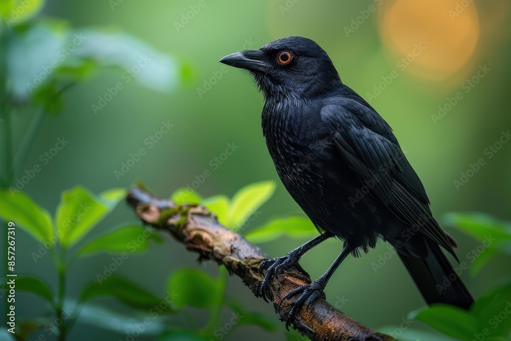 A Hawaiian crow perched on a branch in a tropical forest, its glossy black feathers and intelligent eyes capturing the essence of this rare bird. A Hawaiian crow perched on a branch in a tropical forest, its glossy black feathers and intelligent eyes capturing the essence of this rare bird.