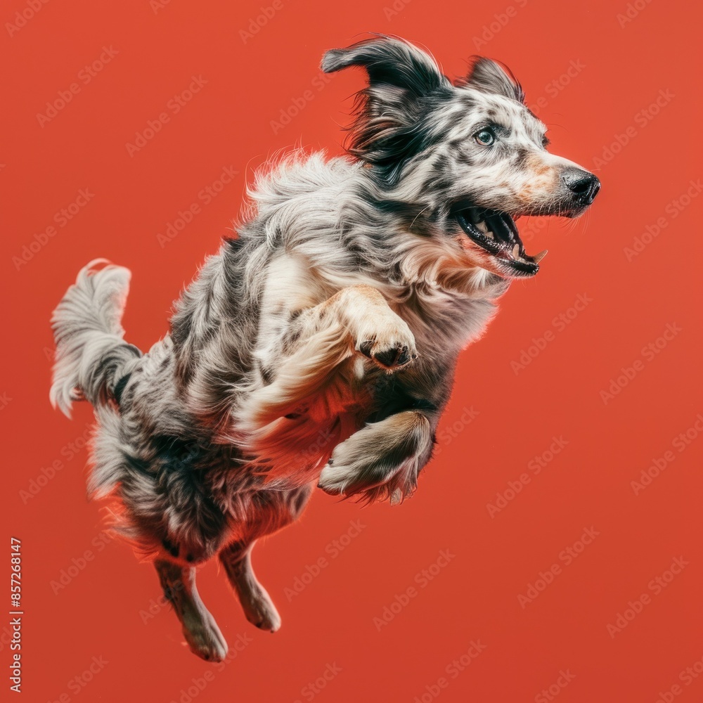 Naklejka premium Dynamic dog jumping dynamically against red backdrop