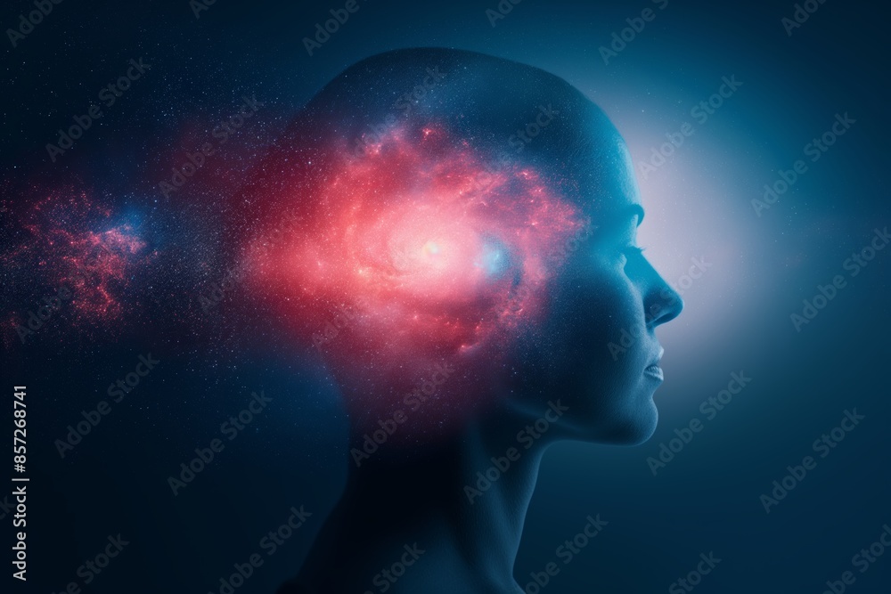 Conceptual image of human mind and creativity with galaxy and cosmic energy in the head symbolizes imagination and innovation. Conceptual image of human mind and creativity with galaxy and cosmic energy in the head symbolizes imagination and innovation.