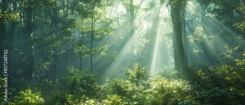 Dense forest with sunlight filtering through the canopy photo