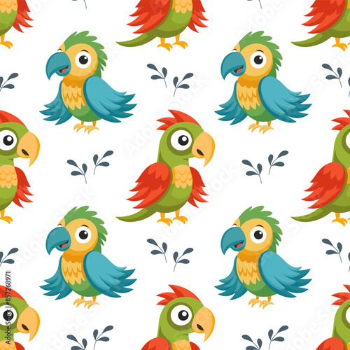 Seamless pattern of cute colorful parrots. Cute cartoon macaw birds. Illustration, background, print for children