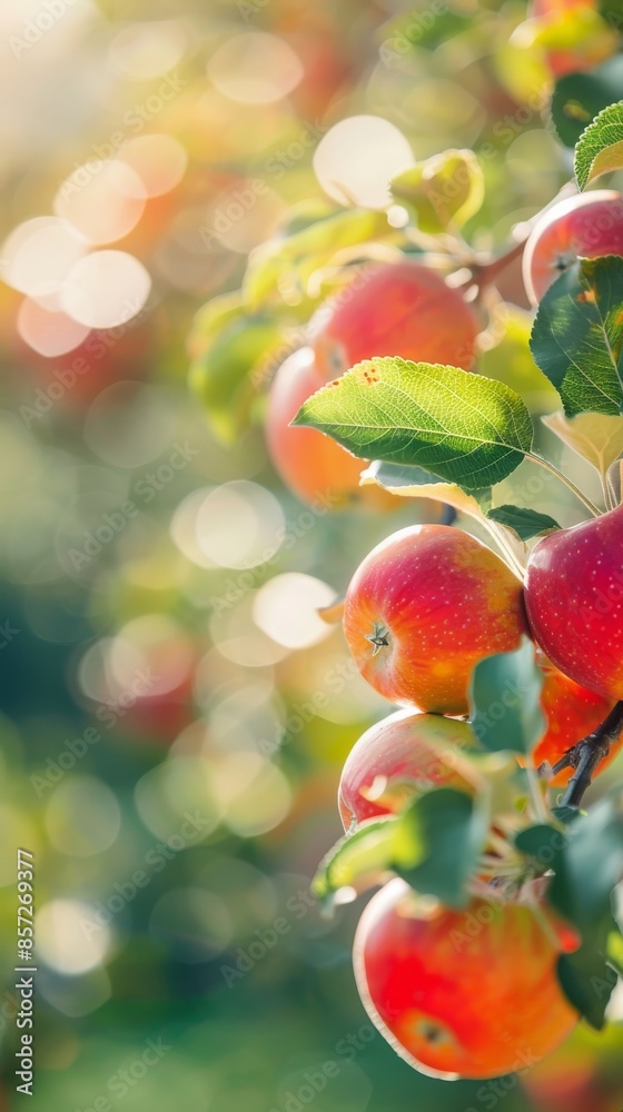 Fresh apples hanging on branches of apple tree with sunlight and blurred background, close up view. Organic farming and harvest season concept Fresh apples hanging on branches of apple tree with sunlight and blurred background, close up view. Organic farming and harvest season concept