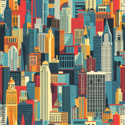 A seamless urban cityscape pattern showcasing a vibrant collection of skyscrapers and buildings, highlighting the dynamic and colorful essence of city life.