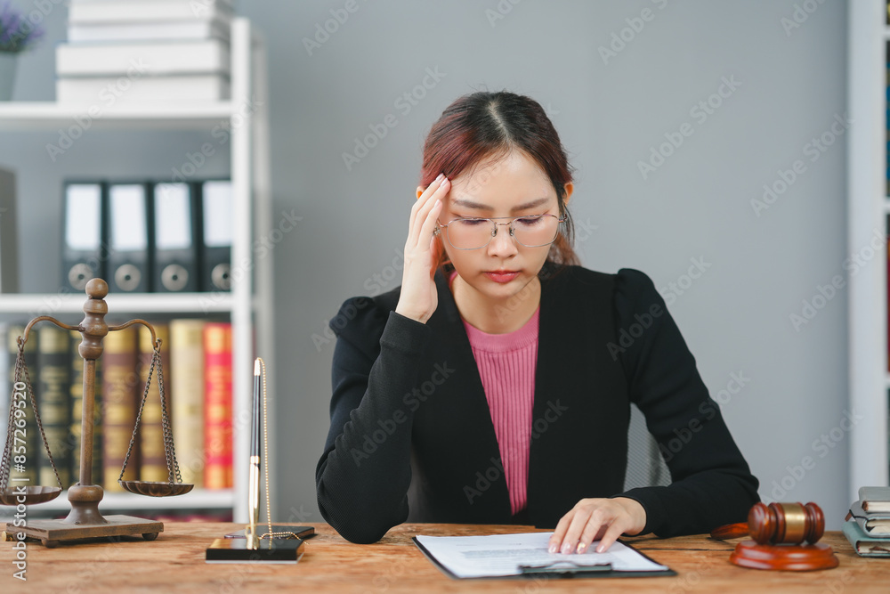 Professional woman lawyer reviewing paperwork in an office with legal books and scales, appearing focused and concerned.