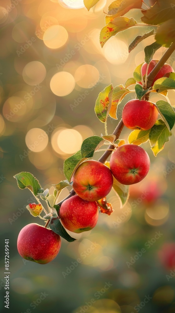 Branch of red apples with leaves, autumn harvest concept Branch of red apples with leaves, autumn harvest concept