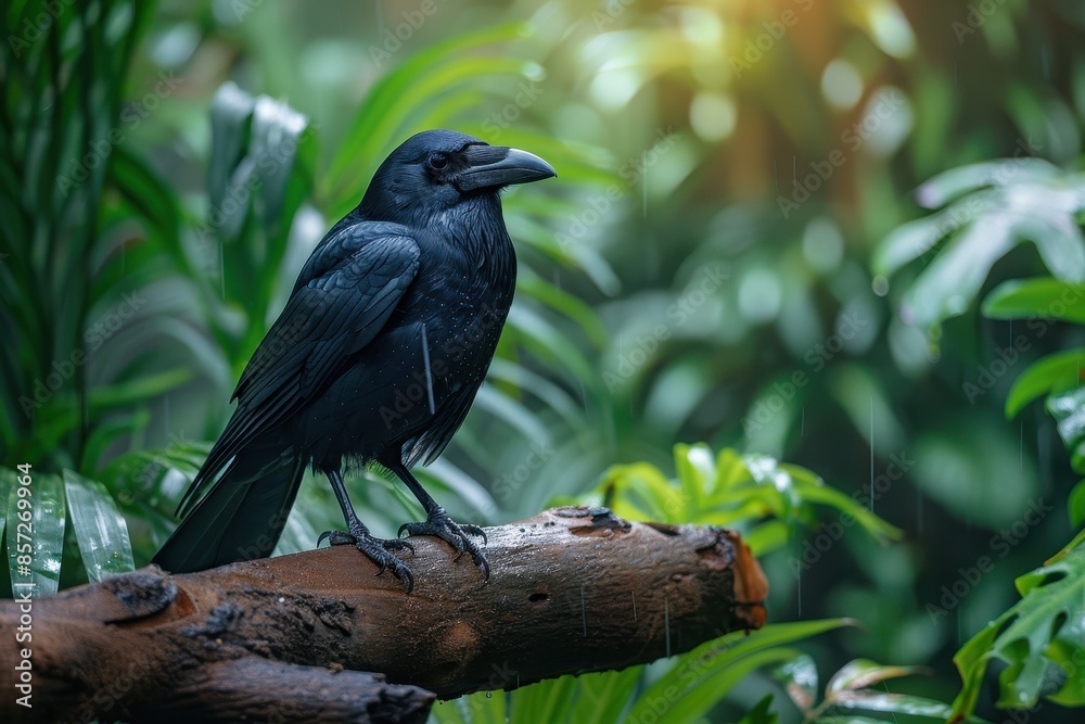 A Hawaiian crow perched on a branch in a tropical forest, its glossy black feathers and intelligent eyes capturing the essence of this rare bird. A Hawaiian crow perched on a branch in a tropical forest, its glossy black feathers and intelligent eyes capturing the essence of this rare bird.