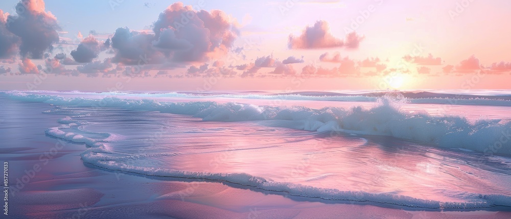 Detailed image of a quiet beach at twilight, with gentle waves and a pastel sky, ideal for romantic and serene projects Detailed image of a quiet beach at twilight, with gentle waves and a pastel sky, ideal for romantic and serene projects