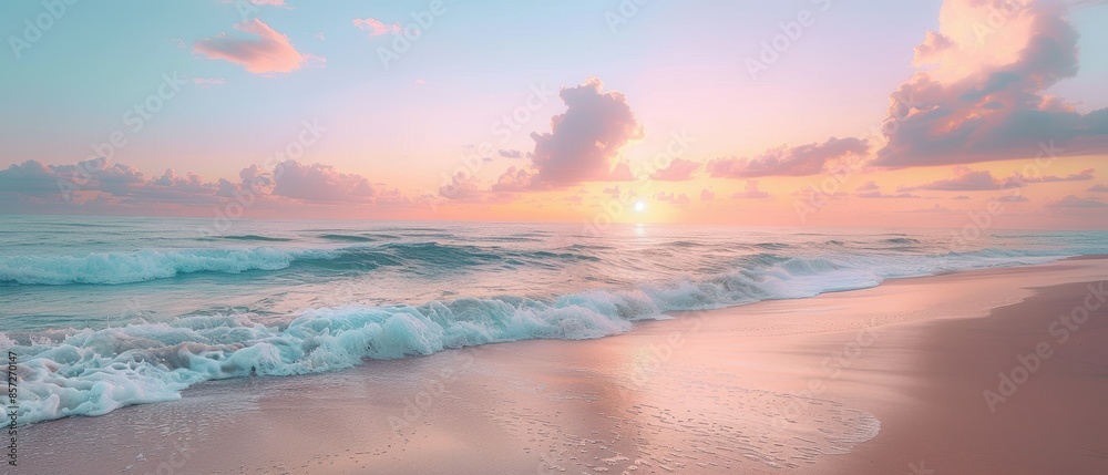 Detailed image of a quiet beach at twilight, with gentle waves and a pastel sky, ideal for romantic and serene projects