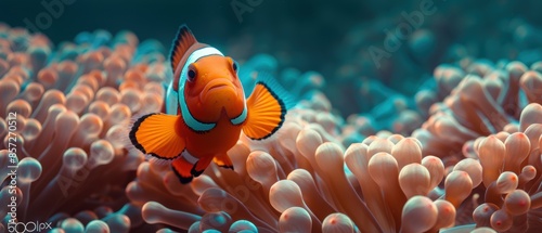 Detailed capture of a clownfish in an anemone, vibrant colors and textures, clear water, high-definition focus, serene and peaceful scene photo