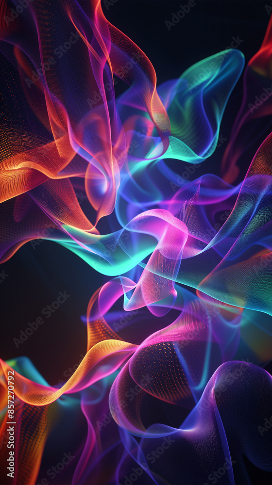 Fototapeta premium 3d abstract twist of neon colors on black background. Blue, pink and orange colors. Vertical color backdrop