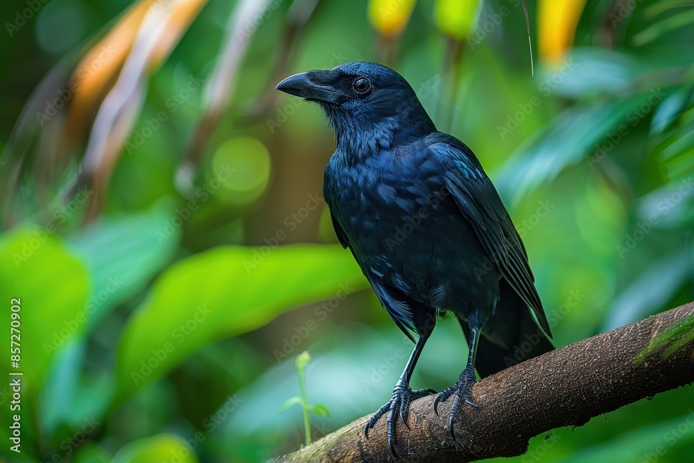 A Hawaiian crow perched on a branch in a tropical forest, its glossy black feathers and intelligent eyes capturing the essence of this rare bird. A Hawaiian crow perched on a branch in a tropical forest, its glossy black feathers and intelligent eyes capturing the essence of this rare bird.