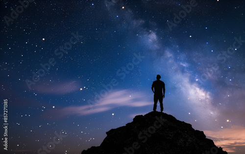 Silhouette of a person stargazing on a mountaintop with the Milky Way as the backdrop
 photo