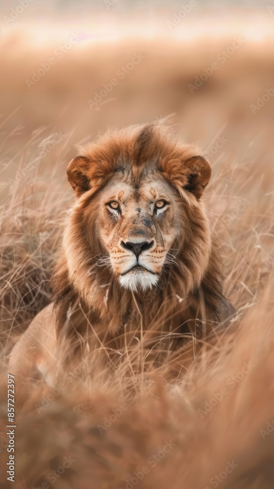 Majestic male lion with a mane, resting in tall, golden grass of the savannah, captured at golden hour giving a warm, natural look. Majestic male lion with a mane, resting in tall, golden grass of the savannah, captured at golden hour giving a warm, natural look.