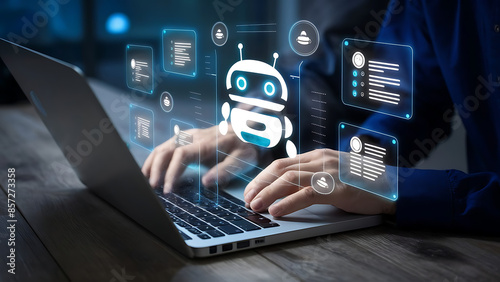 Chatbot conversation assistant. Person using online customer service with chat bot to get support. Artificial intelligence and CRM software technology, customer support center, CONTACT US photo