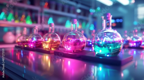Colorful Chemical Flasks In A Lab.