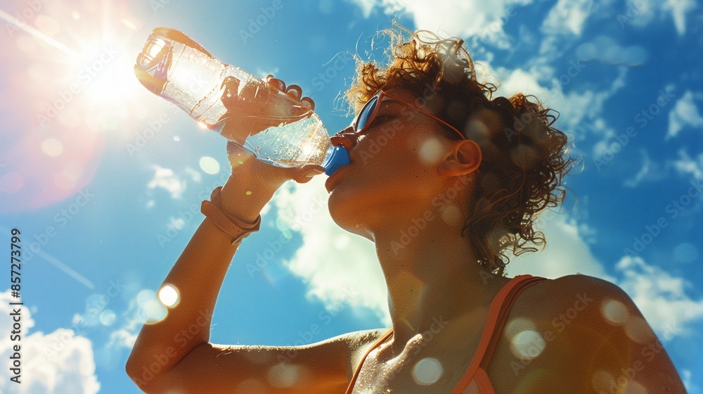 People drink bottle water with glowing hot sun in sky in summer