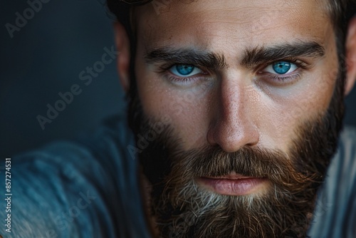Close-up of a young bearded man with blue eyes