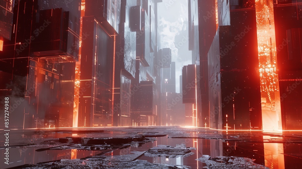 Futuristic Cityscape with Red Glowing Lights. Futuristic Cityscape with Red Glowing Lights.