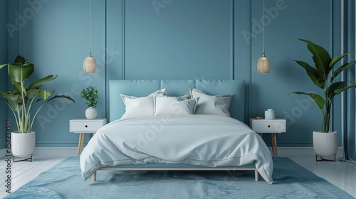 A stylish baby blue bedroom featuring minimalist furnishings and a clean, uncluttered layout. The image offers ample copy space for customization, making it perfect for showcasing modern interior