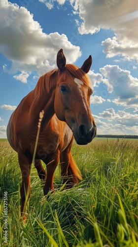 Brown horse in a grassy field under a bright blue sky with clouds, close-up view. Nature and outdoor concept