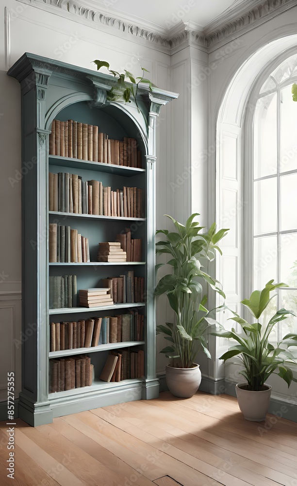one bookcase with books on the parquet floor against the white wall. one bookcase with books on the parquet floor against the white wall.