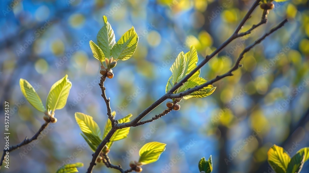 Fresh green leaves budding on tree branches Fresh green leaves budding on tree branches