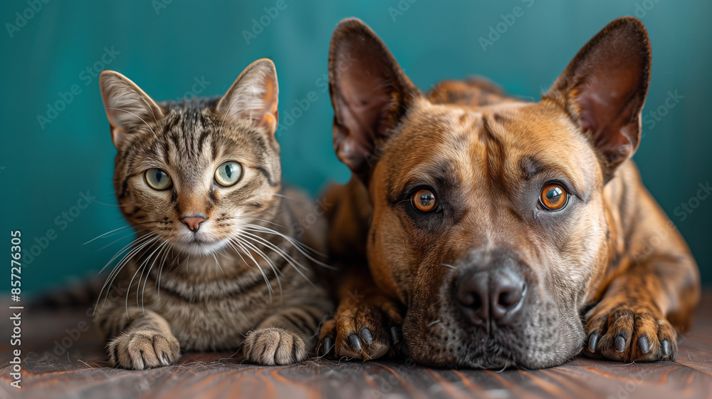 Studio Shot of a Dog and Cat Looking into the Camera. Dog Lying on the Floor and Cat Sitting Upright on the Left Side of the Dog. Light Teal Background with Bright Studio Light Studio Shot of a Dog and Cat Looking into the Camera. Dog Lying on the Floor and Cat Sitting Upright on the Left Side of the Dog. Light Teal Background with Bright Studio Light