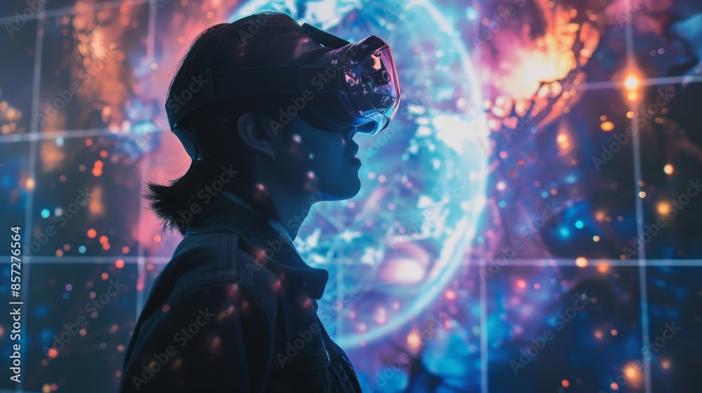Woman in VR headset looking at a futuristic digital world. Woman in VR headset looking at a futuristic digital world.
