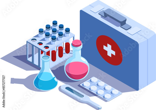 isometric set of medical supplies, vector illustration