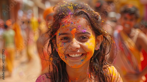 A young girl is smiling and covered in colorful paint © Jūlija