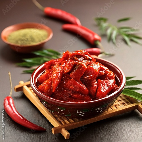 Indian Homemade Red Chilli Pickle Also Know as Mirchi Ka Achar, Loncha or Laal Mirch Ka Achar photo