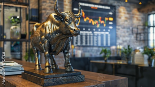 Golden Bull Statue in Modern Industrial Office with Financial Chart © sri
