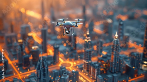 Futuristic Drone Flying Over Illuminated Cyberpunk Cityscape at Dusk