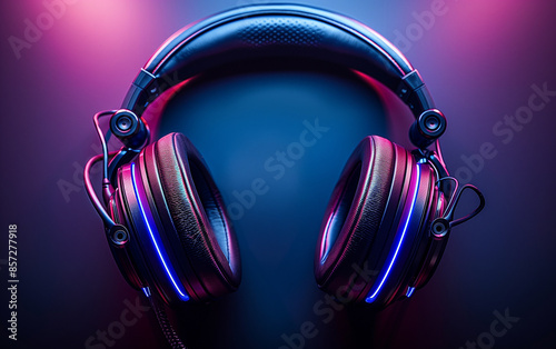 Close-up of professional headphones illuminated by purple light. The screen is dark with a gradient from blue to black, creating a sleek and modern look photo