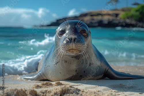 A Hawaiian monk seal basking on a sandy beach, its sleek body glistening in the sun and the turquoise ocean waves crashing behind it.  photo