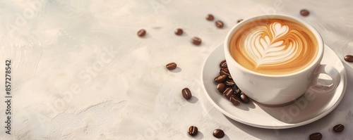 Cup of latte coffee with heart-shaped foam art and coffee beans on light background, morning refreshment concept