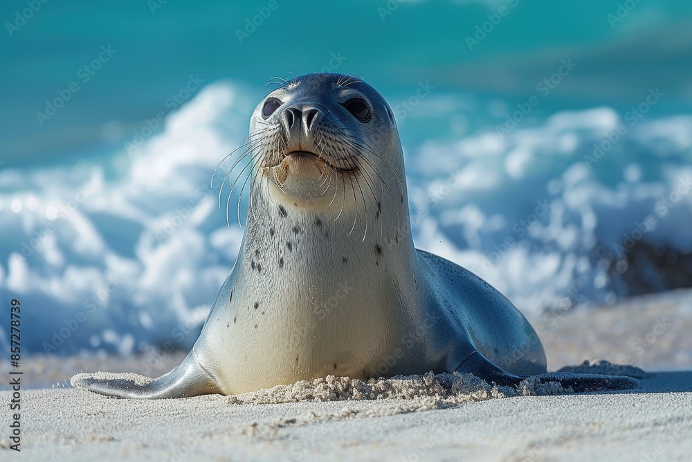 Fototapeta premium A Hawaiian monk seal basking on a sandy beach, its sleek body glistening in the sun and the turquoise ocean waves crashing behind it. 