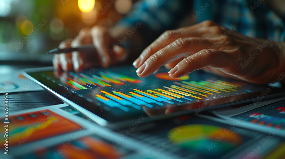 A close-up shot of hands interacting with a tablet showing interactive graphs, with various scattered papers in the background. A close-up shot of hands interacting with a tablet showing interactive graphs, with various scattered papers in the background.
