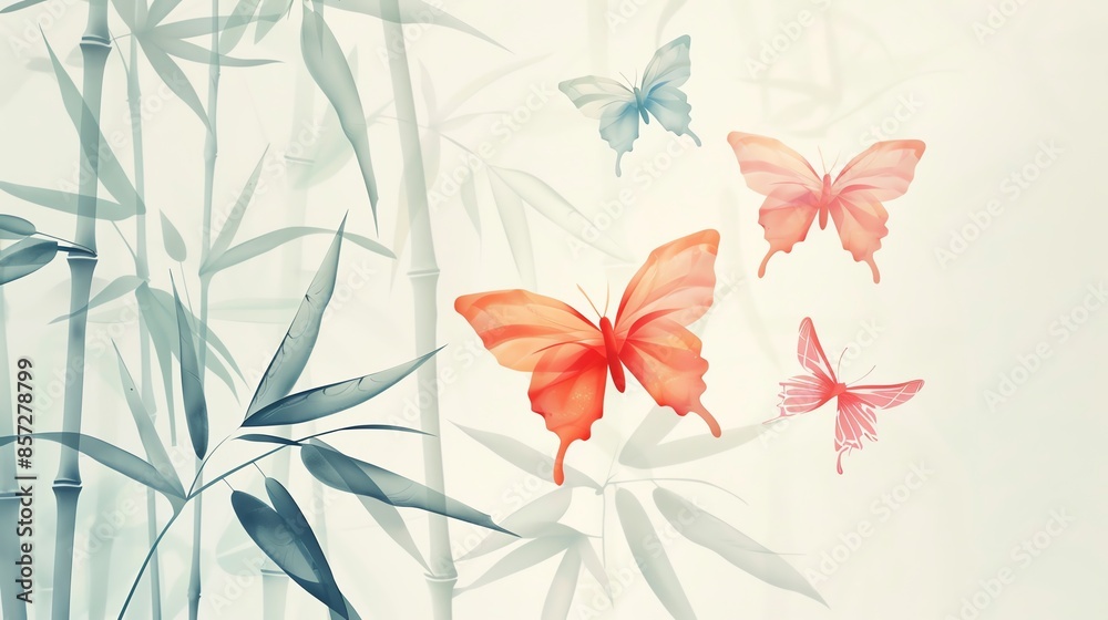 Fototapeta premium Elegant watercolor illustration of butterflies and bamboo, bringing a serene atmosphere and nature-inspired artistry to any space.