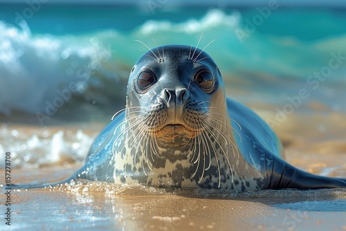 A Hawaiian monk seal basking on a sandy beach, its sleek body glistening in the sun and the turquoise ocean waves crashing behind it.  photo