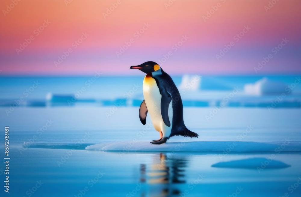 Fototapeta premium A penguin walks on an ice floe against the backdrop of a beautiful sunset
