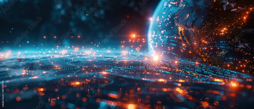 Digital Earth featuring illuminated network lines on a data matrix background, highlighting global communication in detail Digital Earth featuring illuminated network lines on a data matrix background, highlighting global communication in detail