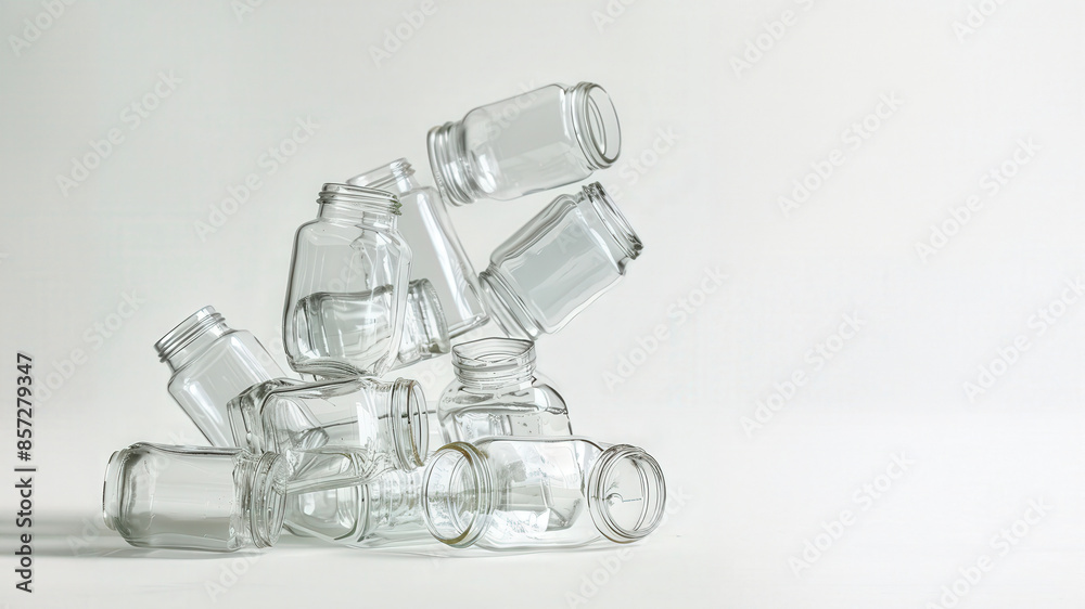 Stack of clear empty glass jars on white background, arranged in a precarious balance, showcasing minimalistic aesthetic and reflections. Stack of clear empty glass jars on white background, arranged in a precarious balance, showcasing minimalistic aesthetic and reflections.