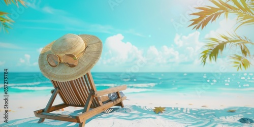 summer vacation travel background, with a straw hat, umbrella, beach chair. copy space  background. 3D Rendering