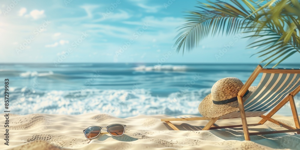 summer vacation travel background, with a straw hat, umbrella, beach chair. copy space  background. 3D Rendering