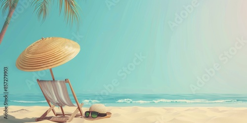 summer vacation travel background, with a straw hat, umbrella, beach chair. copy space  background. 3D Rendering