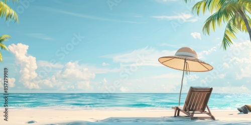 summer vacation travel background, with a straw hat, umbrella, beach chair. copy space  background. 3D Rendering