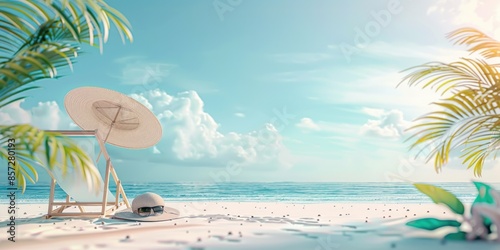 summer vacation travel background, with a straw hat, umbrella, beach chair. copy space  background. 3D Rendering